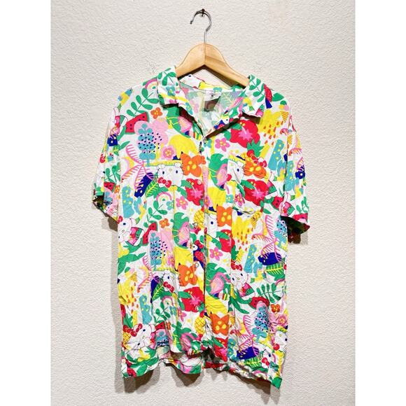 Hello Kitty Hawaiian Shirt Rayon Neon Pastel Large - Picture 1 of 5